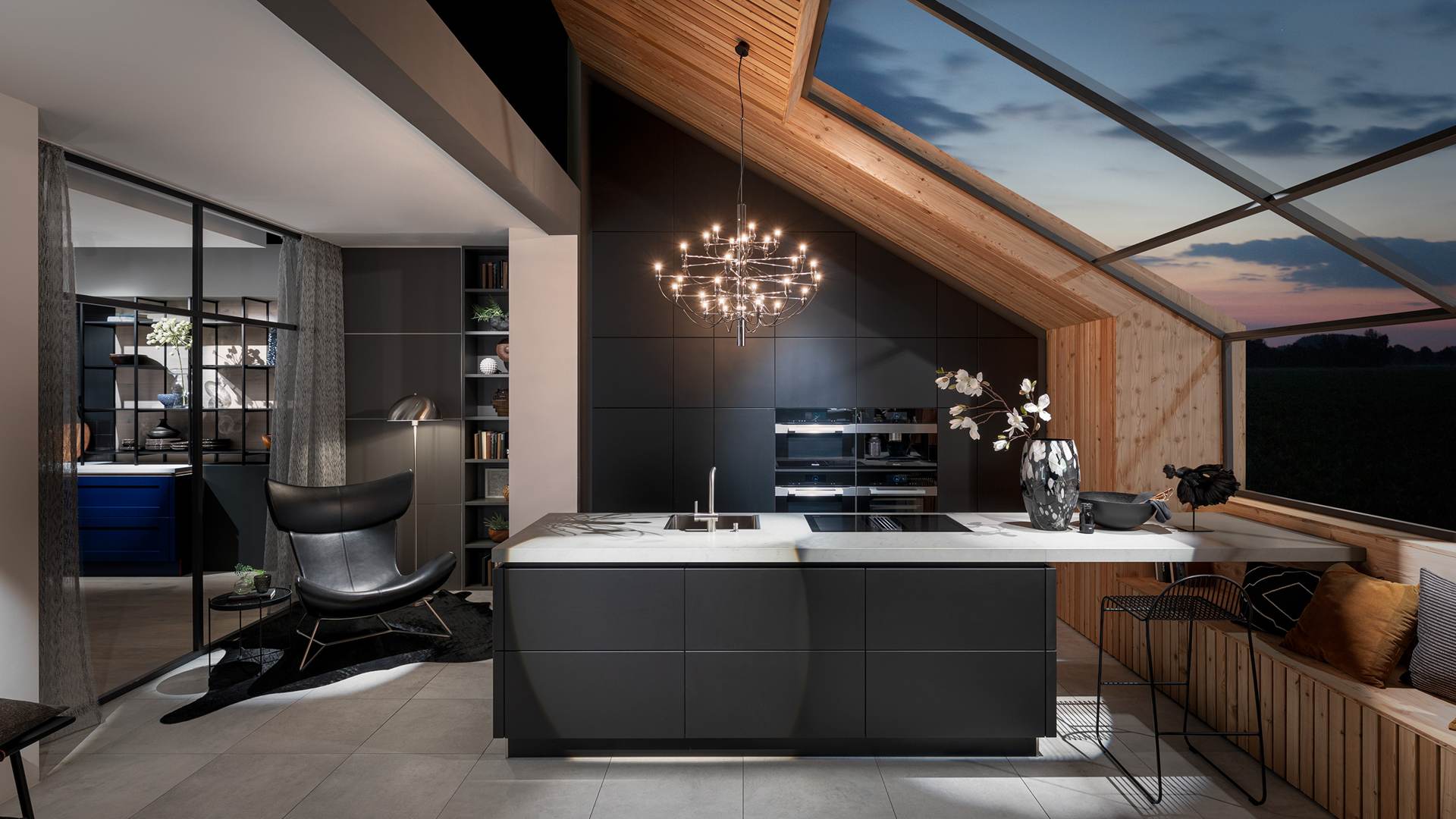 Moderne Küche mit Holz und Lackoberfläche, mit Kochtisch und individuellem Design